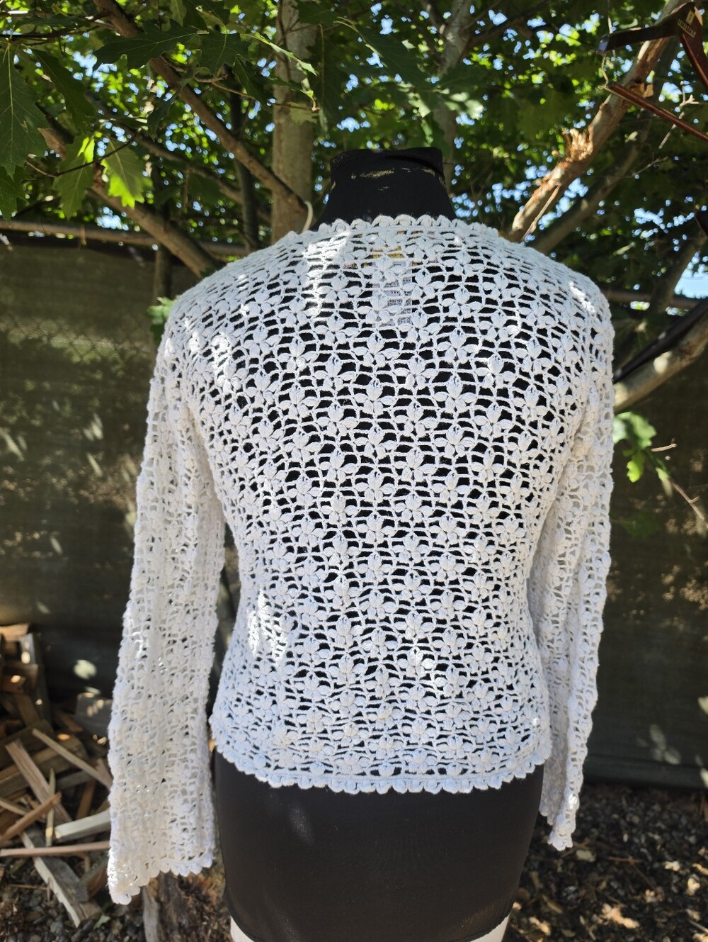 Y2K White Crochet Cardigan Sweater McBling Minimalist Cottagecore Shabby Chic - Picture 4 of 9